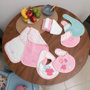 Kit de alimentación 10 pzas; toallitas faciales, baberos y repetidores doble vista