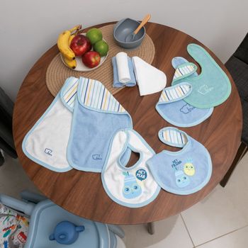 Kit de alimentación 10 pzas; toallitas faciales, baberos y repetidores doble vista
